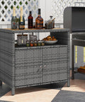 Rattan Storage Cabinet with Acacia Wood Countertop for Patio or Garden, open shelf and double door cabinet, in mixed gray