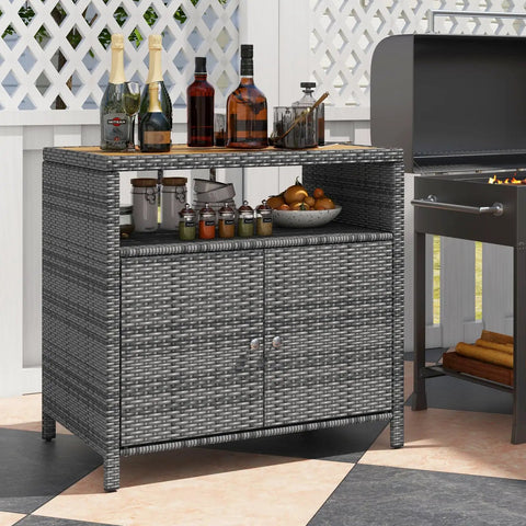 Rattan Storage Cabinet with Acacia Wood Countertop for Patio or Garden, open shelf and double door cabinet, in mixed gray