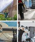 Collage showing Electric Pressure Washer 1600 PSI 1.2 GPM With Detergent Tank used for cleaning various surfaces like cars and driveways