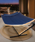 Double Outdoor Hammock With Twelve Foot Stand And Solar Powered Lights Portable Two Person Hammock With Stand In Dark Blue