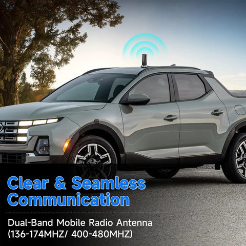 Car with Dual Band Ham Radio Antenna With Magnetic Base And Sixteen Foot Extension Cable For Vehicle And Marine Use Covers VHF 136 To 174 MHz And UHF 400 To 470 MHz PL259 Connector on roof