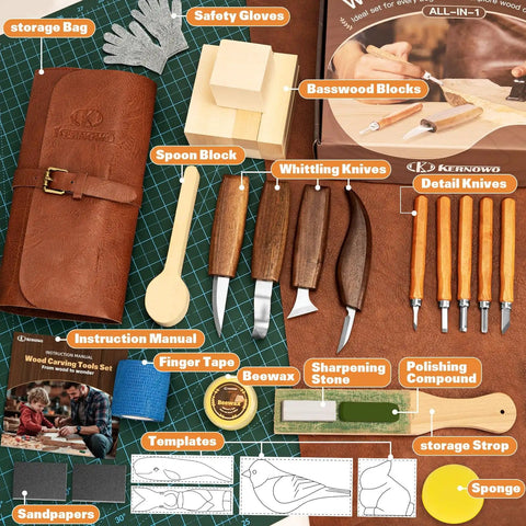 All In One Wood Carving Set For Beginners 32 Piece Toolkit With Whittling Knives Detail Knives Templates Basswood Blocks