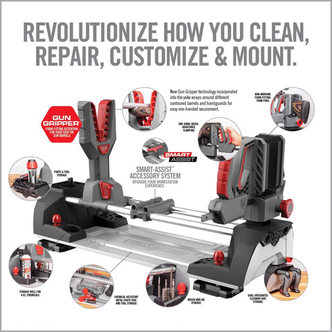 One-Hand Clamp Gun Workstation with non-marring, form-fitting yokes, leveling knob for scope mounts, ideal for gun cleaning.