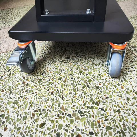 5 Inch Heavy Duty Castor Wheels With TPR Swivel Base, M12x30mm Threaded Stem, Dead Silent Roll, Floor Savers Rubber Tread, Set Of Four Industrial Casters featuring a cart frame on textured floor.