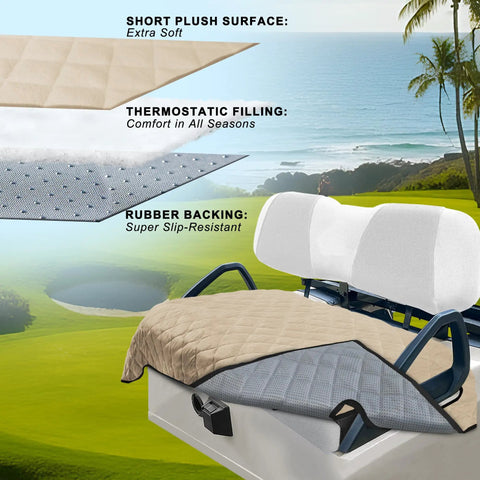 Universal Golf Cart Seat Covers With Thick Plush Cushion And Non Slip Backing Slick Khaki Look Designed For Ezgo Yamaha Club Car Two Seaters layered seat cover material with plush top and rubber backing