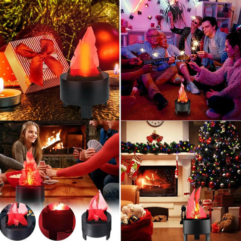 Collage of 3D LED Fake Campfire Flame Light With Realistic Flicker in diverse festive settings