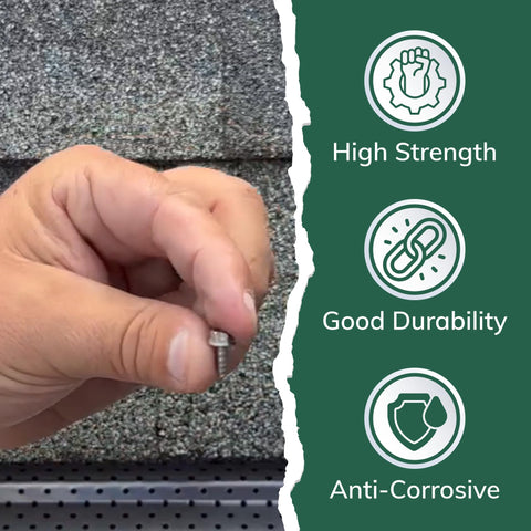 Hand holding Gutter Screw Kit Half Inch 8 Stainless Steel Zip Screws with Self Piercing Xtra Sharp Tip and Quarter Inch Hex Washer Head