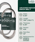 Heavy Duty Deck Belt Replacement For John Deere 42 Inch Mower Half Width By 104 Long, aramid rubber, dimensions marked.