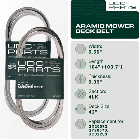 Heavy Duty Deck Belt Replacement For John Deere 42 Inch Mower Half Width By 104 Long, aramid rubber, dimensions marked.