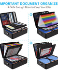 Fireproof Document Box With Lock And 25 Colorful Pocket Folders, Water Resistant Safe Organizer For Important Papers, Handles Up To Five Thousand Two Hundred Fahrenheit Heat, Built Tough For Home Office, showing open with documents