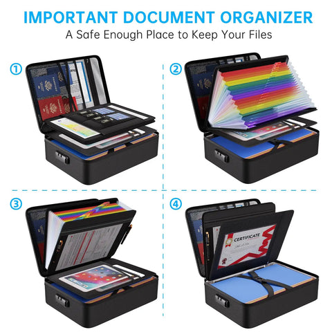 Fireproof Document Box With Lock And 25 Colorful Pocket Folders, Water Resistant Safe Organizer For Important Papers, Handles Up To Five Thousand Two Hundred Fahrenheit Heat, Built Tough For Home Office, showing open with documents
