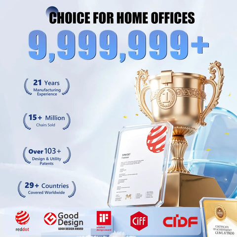 Trophy and certificates showcasing 21 years of manufacturing excellence and 9,999,999 chairs sold globally for office use.
