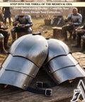 Medieval Shoulder Pauldron Set In Steel Armor For Larp Cosplay Dual Plate Pauldrons displayed on wooden table at reenactment camp.