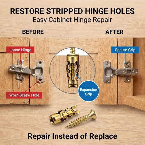 Diagram showing before and after using 6x14mm Expansion Screw Set for Cabinet and Door Hinges Quick Hole Repair Kit With Expansion Anchors in wood.