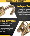Close-up of J-hook and heavy-duty steel ratchet from Four Pack 2 Inch By 96 Inch Tie Down Straps Kit With J Hook Ratchets And Wear Pads