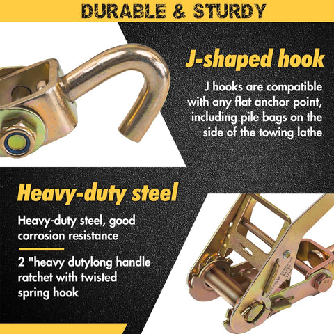 Close-up of J-hook and heavy-duty steel ratchet from Four Pack 2 Inch By 96 Inch Tie Down Straps Kit With J Hook Ratchets And Wear Pads