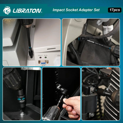 All In One 17 Piece Impact Socket Adapter Set For One Quarter Inch, Three Eighths Inch, And One Half Inch Square Drive With Quick Release Bit Holders And 360 Degree Swivel Adapters Pro Grade Heavy Duty Drill Accessory Kit used in tight spaces