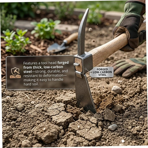 2 In 1 Garden Hoe And Pickaxe Heavy Duty Weeding And Digging Tool With Wood Handle pictured breaking compacted soil