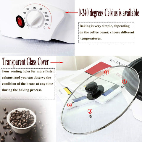 Electric Coffee Bean Roaster For Home Use With 110V 800W, showing control dial, transparent lid, and coffee beans.