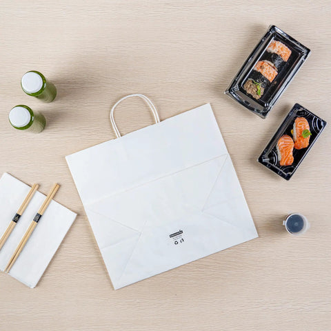 Sturdy White Paper Shopping Bags With Handles 14.2 By 8.3 By 13.2 Inches 100 Pack Durable Grocery Gift Bags with sushi arrangement