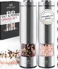 Battery Operated Salt And Pepper Grinder Set With Light Stainless Steel Mills Two Piece Auto One Handed Operation Electronic Adjustable Shakers Ceramic Grinders Rustproof Core For Smooth Grinds And Sleek Kitchen Style