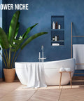 Shower Niche Tile Ready 16x34 Inch Bathroom Recessed Shower Niche Rectangle Waterproof Leak Proof Shelf Organizer in a bathroom setting.