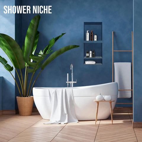 Shower Niche Tile Ready 16x34 Inch Bathroom Recessed Shower Niche Rectangle Waterproof Leak Proof Shelf Organizer in a bathroom setting.