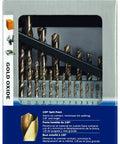 Gold Oxide Drill Bit Set 29 Piece With Included Case For Wood Plastic And Light Gauge Metal shown in package with detailed bits