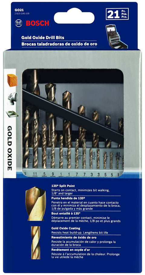Gold Oxide Drill Bit Set 29 Piece With Included Case For Wood Plastic And Light Gauge Metal shown in package with detailed bits