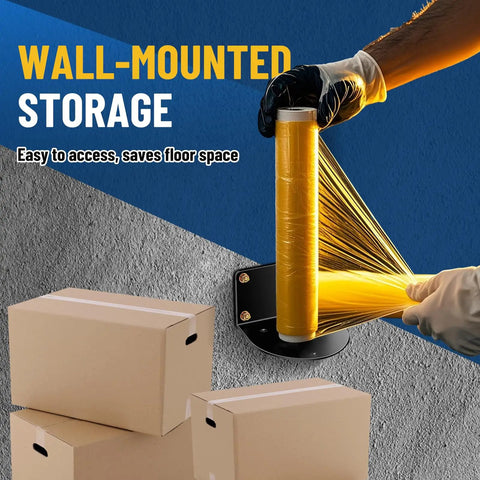 Wall Mountable Stretch Film Roll Stand Fits Up To 20 Inch Film Core Great For Industrial Manufacturing And Logistics Use Holds 2 And 3 Inch Core Rolls Includes 7 Screws For Easy Mounting Keeps Shrink Wrap Organized, mounted on wall with boxes below.