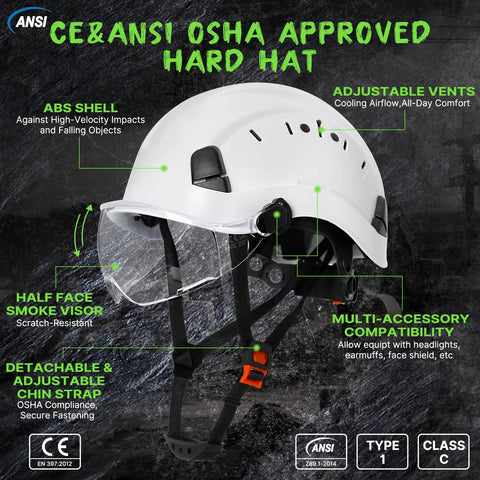 ANSI Z89.1 OSHA Approved Construction Hard Hat With Visor Built For All Day Comfort Ventilated White Safety Helmet With Chin Strap
