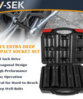 Extended Length 1/2 Inch Drive Impact Socket Set With Extra Deep Sockets Heavy Duty Steel 6-Piece shown with case