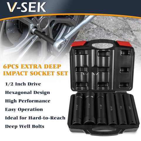 Extended Length 1/2 Inch Drive Impact Socket Set With Extra Deep Sockets Heavy Duty Steel 6-Piece shown with case