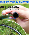 Close-up of Half Inch Drip Irrigation Tubing, 50ft, 16mm OD, 13mm ID, showcasing wall thickness in grassy garden setting.