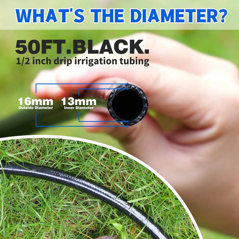 Close-up of Half Inch Drip Irrigation Tubing, 50ft, 16mm OD, 13mm ID, showcasing wall thickness in grassy garden setting.