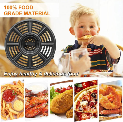 8.2 Inch Nonstick Grill Pan Replacement Tray for Ninja Air Fryers, image with diverse meals and a child eating