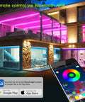 50ft RGB LED Strip Lights With Music Sync And Bluetooth App Control illuminating modern home exterior