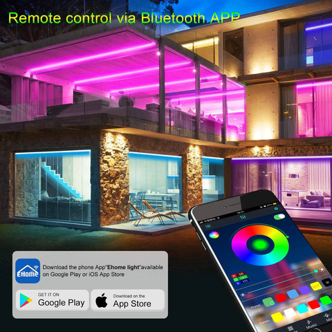 50ft RGB LED Strip Lights With Music Sync And Bluetooth App Control illuminating modern home exterior