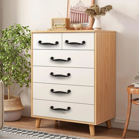 Matte Black Aluminum Alloy 10-Piece Drawer Handles Set For Kitchen Cabinets And Drawers installed on wooden dresser