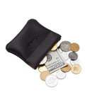 Smooth Vintage Black Leather Squeeze Coin Purse With Heavy Duty Spring Frame, coins and cash partially visible.