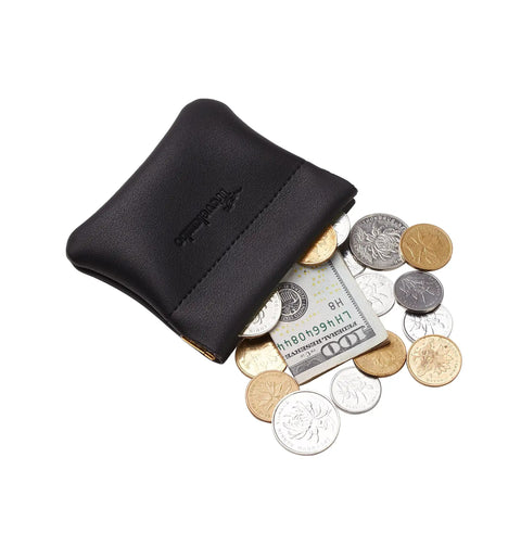 Smooth Vintage Black Leather Squeeze Coin Purse With Heavy Duty Spring Frame, coins and cash partially visible.