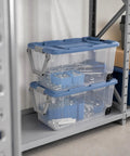 2 Pack 160 Quart Heavy Duty Rolling Storage Bins With Clear Transparent Walls And Tough Latching Lids For Smooth Glide Action, stacked on a shelf with tools inside.