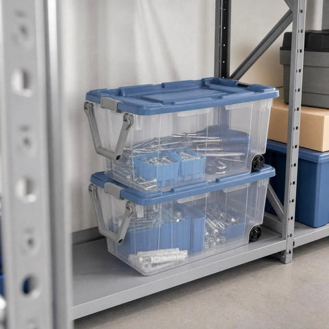 2 Pack 160 Quart Heavy Duty Rolling Storage Bins With Clear Transparent Walls And Tough Latching Lids For Smooth Glide Action, stacked on a shelf with tools inside.