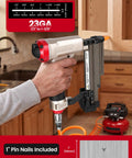 TopShelf Pneumatic Pin Nailer Combo Pack Delivers Ten Thousand Premium One Inch 23 Gauge Micro Nail Bursts Ideal For Seamless Trim Work And Weekend Shop Rat Hustle Projects, 23GA tool close-up.