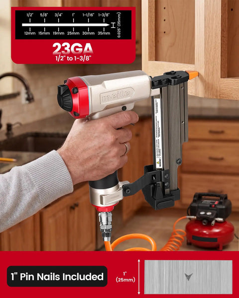 TopShelf Pneumatic Pin Nailer Combo Pack Delivers Ten Thousand Premium One Inch 23 Gauge Micro Nail Bursts Ideal For Seamless Trim Work And Weekend Shop Rat Hustle Projects, 23GA tool close-up.