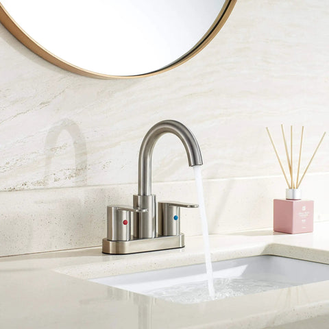Brushed Nickel Centerset Bathroom Faucet With Drain Assembly High Arc 4 Inch Lavatory 3 Hole Mount Two Handles Brass Faucet