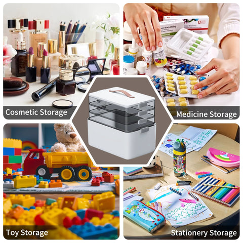 CTIME 4-Tier XL medicine organizer with leather handle, white body and four transparent drawers