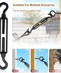 2 Pack M8 Stainless Steel Hook And Turnbuckle Set For Wire Rope Tension Black Coated demonstrated on wall, wood, tree