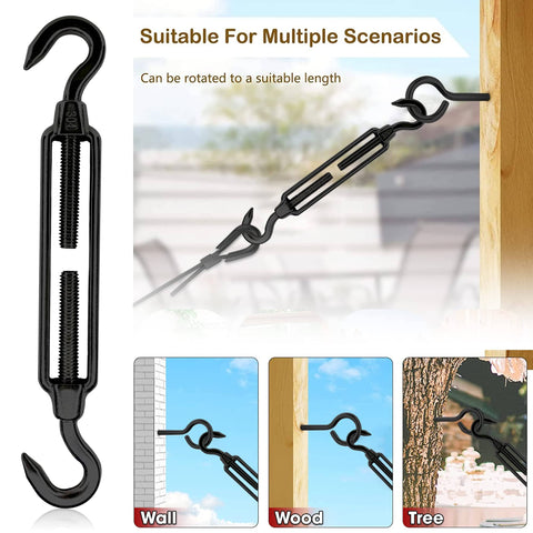 2 Pack M8 Stainless Steel Hook And Turnbuckle Set For Wire Rope Tension Black Coated demonstrated on wall, wood, tree