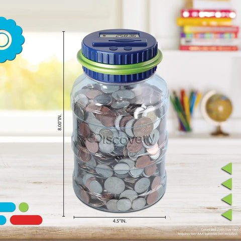 Digital Coin Counter Money Jar With LCD Display And Automatic Piggy Bank for US Coins, filled, on desk 8 inch x 4.5 inch, blue lid